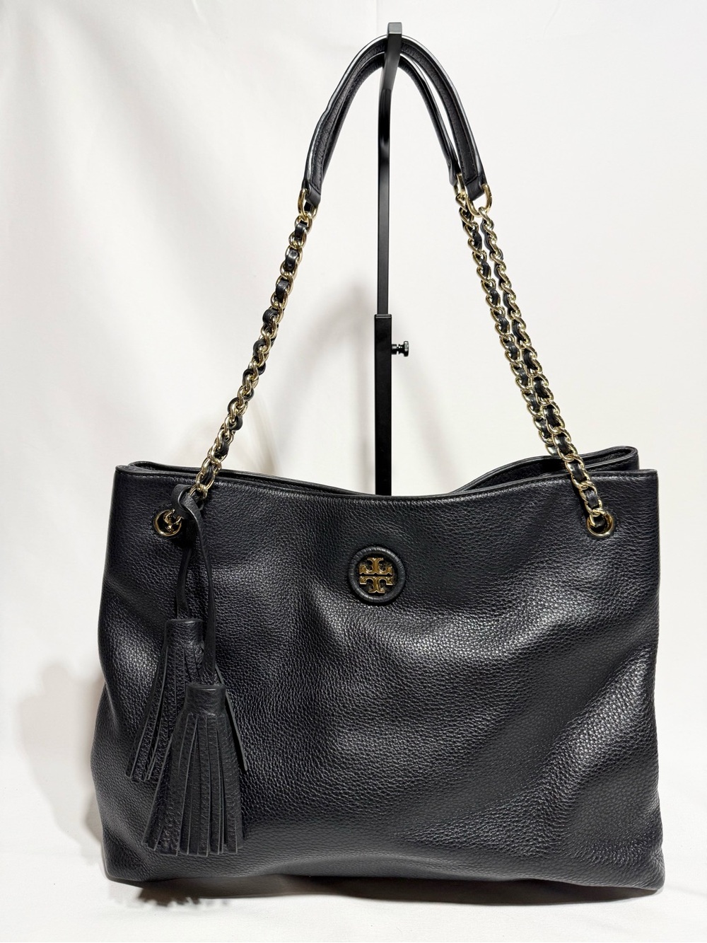 Tory Burch Black Pebbled Leather Chain-Handle Shoulder Tote